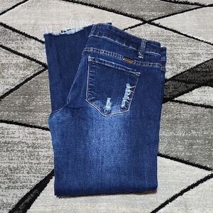 KANCAN DISTRESSED RAW-HEM STRETCH DARK-BLUE-WASH SKINNY DENIM JEAN